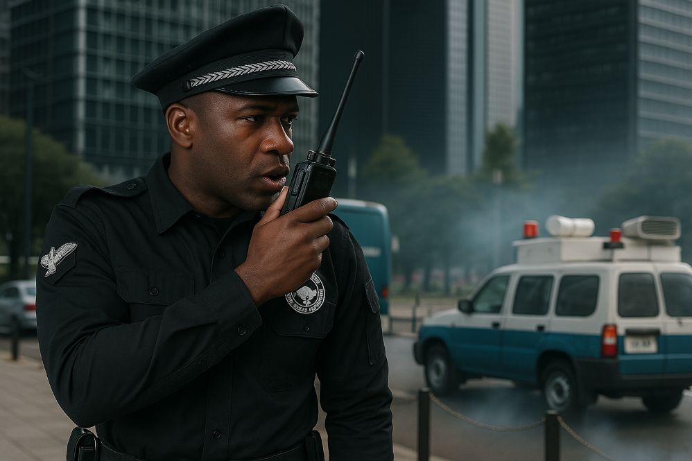 A police officer using a Hytera radio during an emergency response in an urban area, with a police vehicle and high-rise buildings in the background.